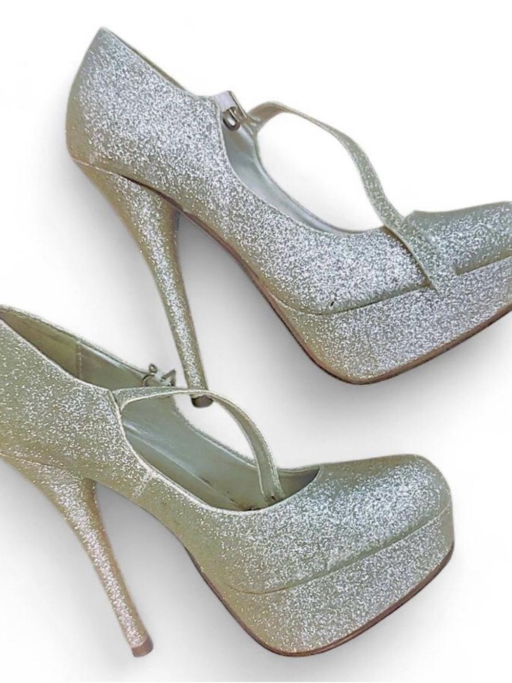 Silver Glitter Mary Jane Heels with Cross Strap